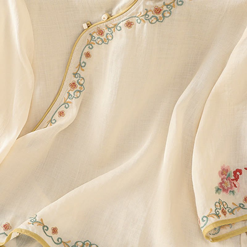 Buddha Stones Casual Women's Embroidered Flower Stand Collar Design Three Quarter Sleeve Cotton Linen Shirt - image 1