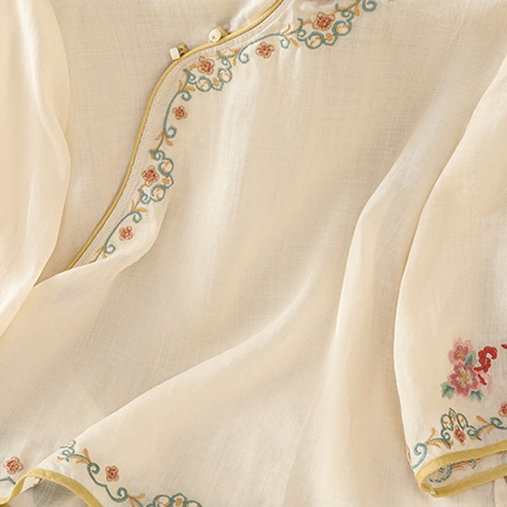 Buddha Stones Casual Women's Embroidered Flower Stand Collar Design Three Quarter Sleeve Cotton Linen Shirt - image 1