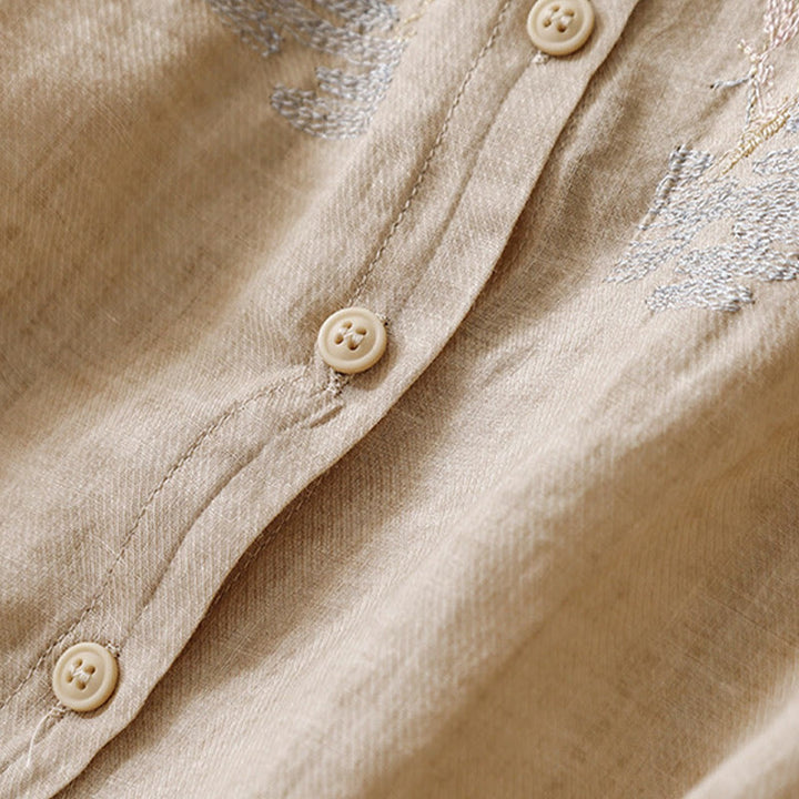 Buddha Stones Casual Embroidered Plant Stand Collar Design Three Quarter Sleeve Women's Cotton Linen Shirt - image 15