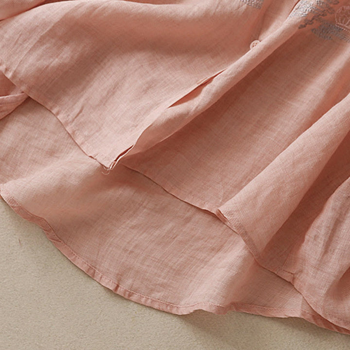 Buddha Stones Casual Embroidered Plant Stand Collar Design Three Quarter Sleeve Women's Cotton Linen Shirt - image 5