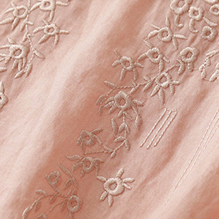 Buddha Stones Casual Women's Embroidered Flower V-neck Design Loose Half Sleeve Cotton Linen Shirt - image 2