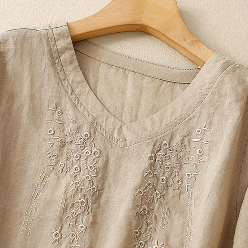 Buddha Stones Casual Women's Embroidered Flower V-neck Design Loose Half Sleeve Shirt - image 14