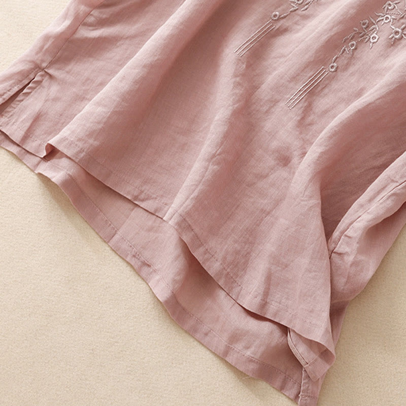 Buddha Stones Casual Women's Embroidered Flower V-neck Design Loose Half Sleeve Cotton Linen Shirt - image 11