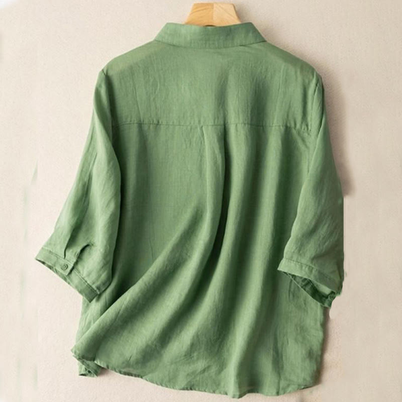 Buddha Stones Casual Women's Embroidery Standing Collar Half Sleeve Design Cotton Linen Shirt - image 1