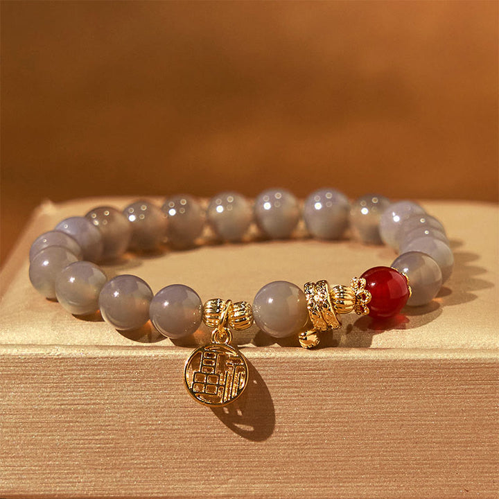 Buddha Stones Year Of The Snake Gray Agate Red Agate Fu Character Positivity Bracelet