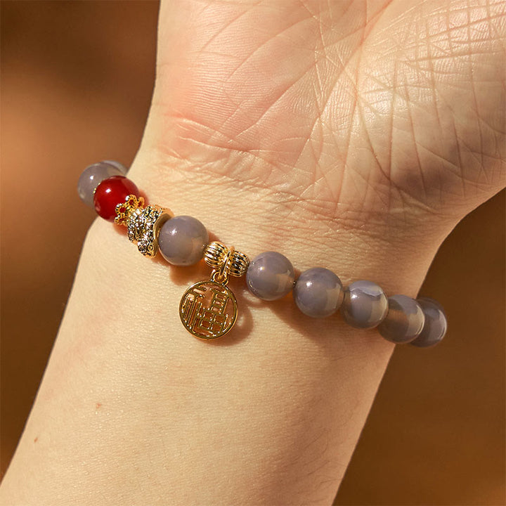 Buddha Stones Year Of The Snake Gray Agate Red Agate Fu Character Positivity Bracelet