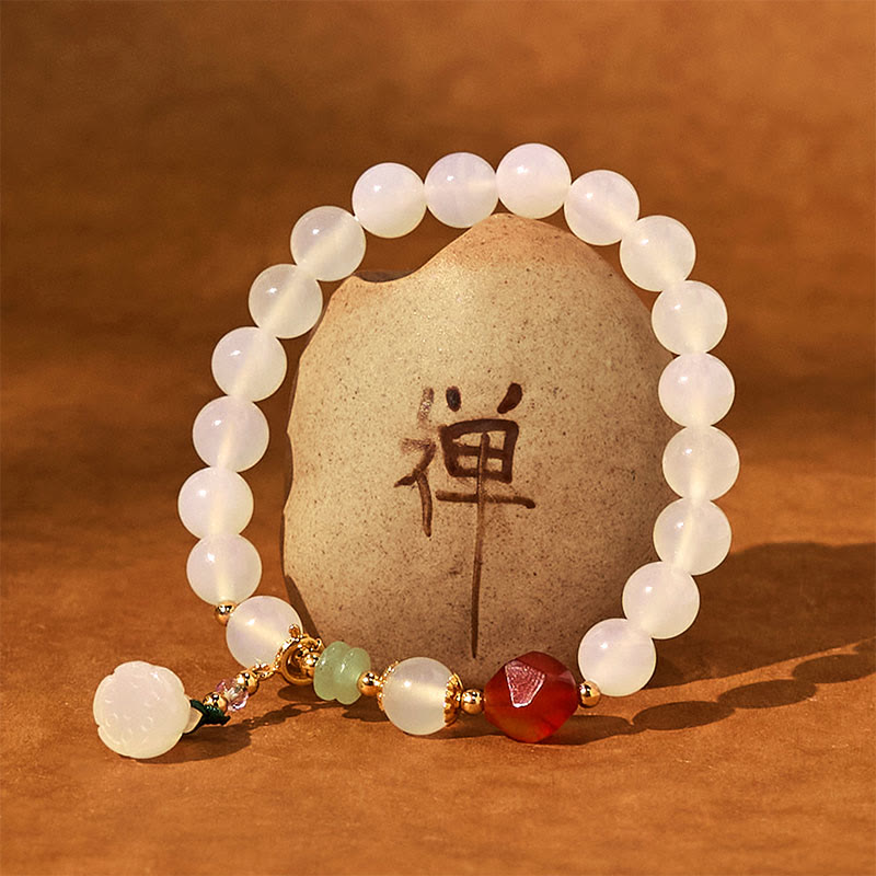 Buddha Stones White Agate Red Agate Lotus Pod Charm Luck Bracelet