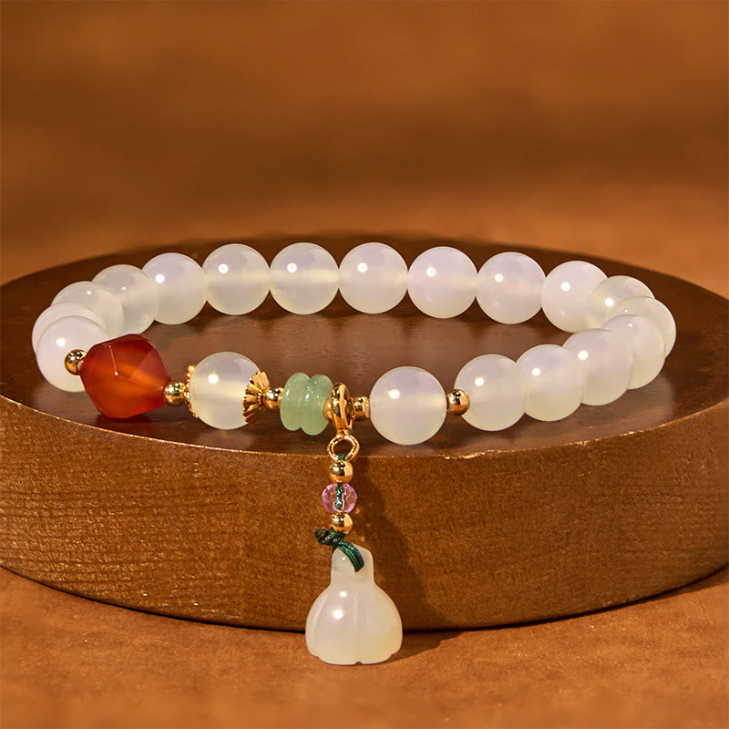 Buddha Stones White Agate Red Agate Lotus Pod Charm Luck Bracelet