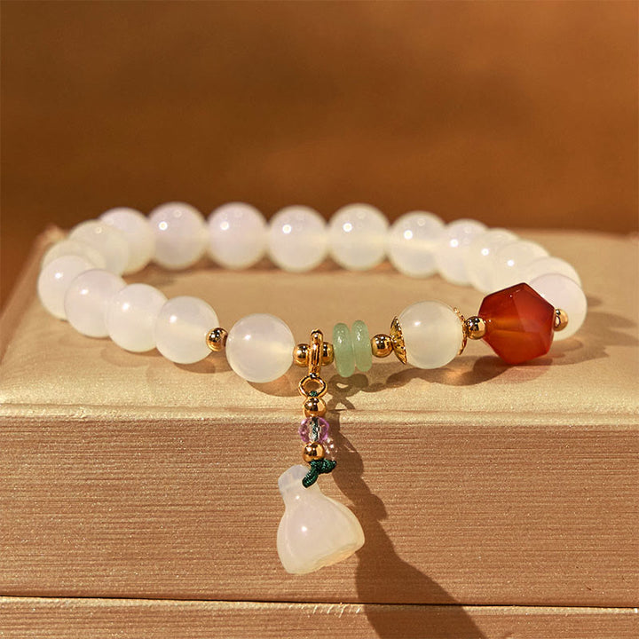 Buddha Stones White Agate Red Agate Lotus Pod Charm Luck Bracelet