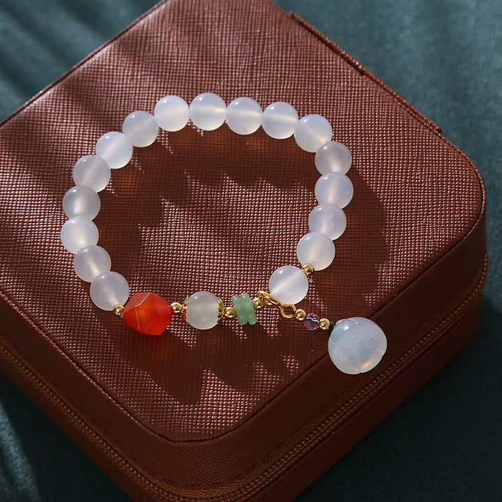 Buddha Stones White Agate Red Agate Lotus Pod Charm Luck Bracelet