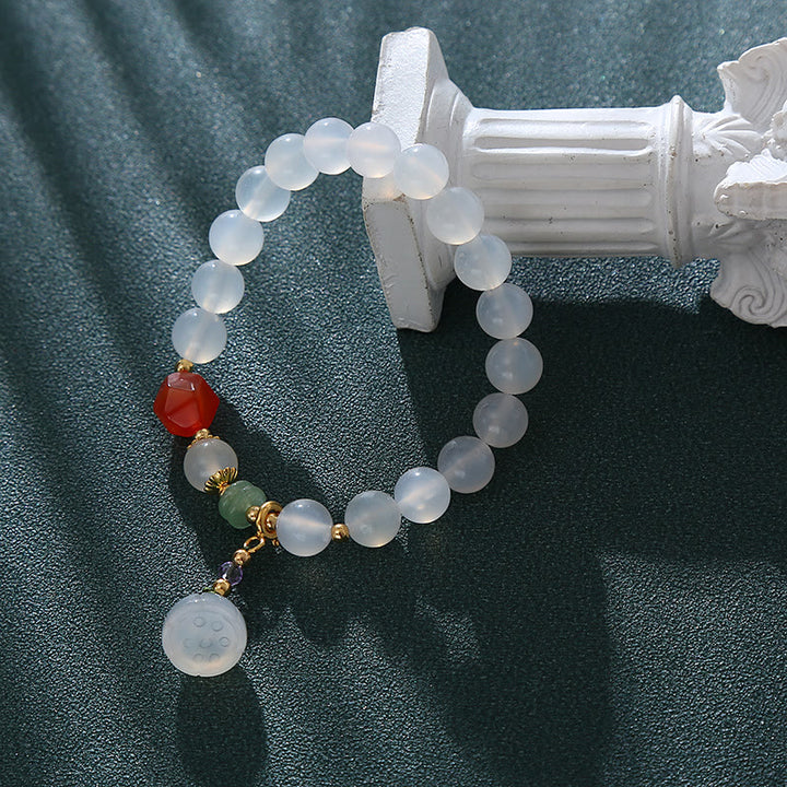 Buddha Stones White Agate Red Agate Lotus Pod Charm Luck Bracelet