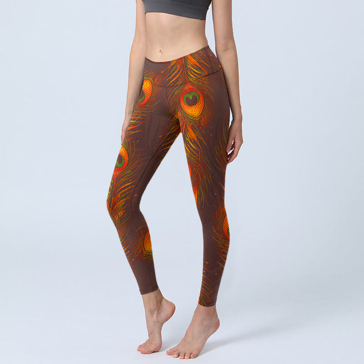 Buddha Stones Brown Peacock Feathers Print Gym Leggings Women's Yoga Pants - SaddleBrown - US18，UK/AU22，EU50 (4XL) - image 0