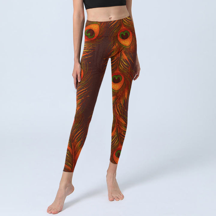 Buddha Stones Brown Peacock Feathers Print Gym Leggings Women's Yoga Pants - image 5