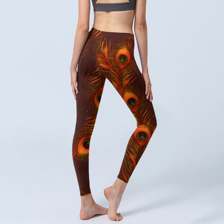 Buddha Stones Brown Peacock Feathers Print Gym Leggings Women's Yoga Pants - image 4