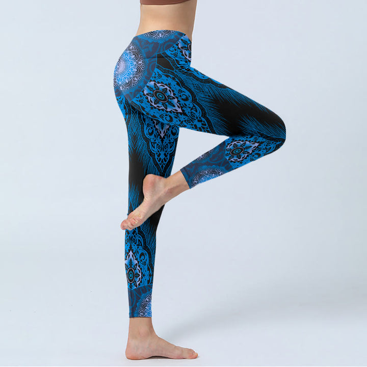 Buddha Stones Blue Mandala Feathers Print Gym Leggings Women's Yoga Pants