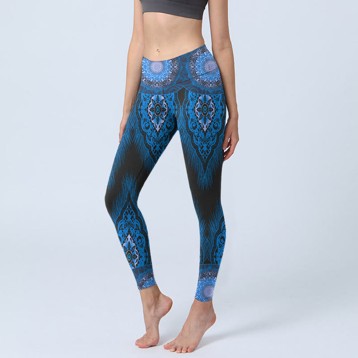 Buddha Stones Blue Mandala Feathers Print Gym Leggings Women's Yoga Pants - MediumBlue - US18，UK/AU22，EU50 (4XL) - image 0