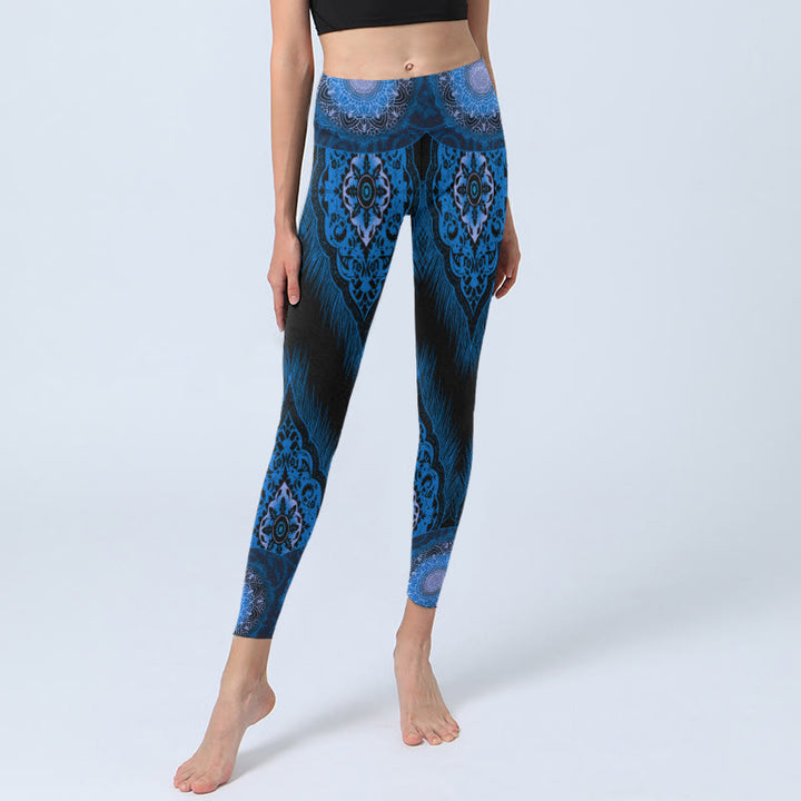Buddha Stones Blue Mandala Feathers Print Gym Leggings Women's Yoga Pants - image 5