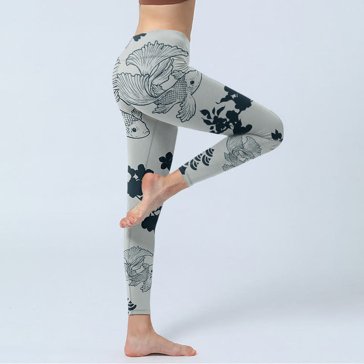 Buddha Stones Gray Koi Fish Floral Waves Print Gym Leggings Women's Yoga Pants - image 3