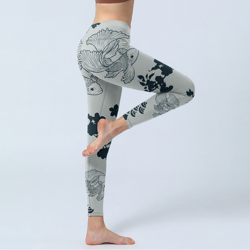 Buddha Stones Gray Koi Fish Floral Waves Print Gym Leggings Women's Yoga Pants