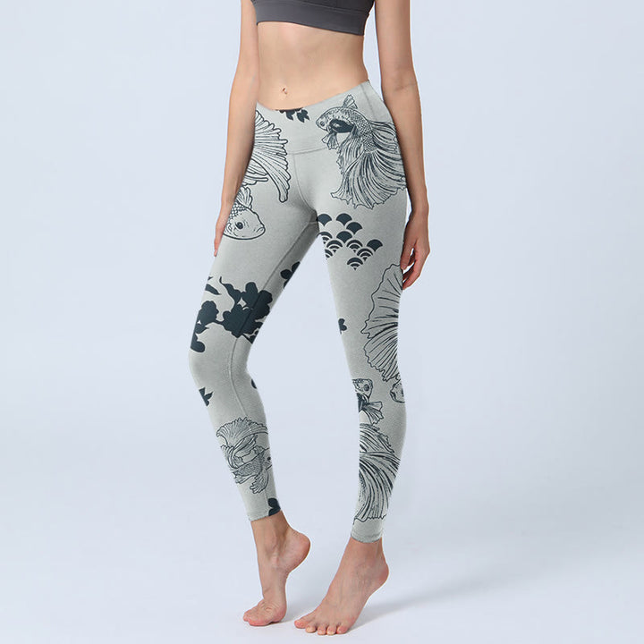 Buddha Stones Gray Koi Fish Floral Waves Print Gym Leggings Women's Yoga Pants - Silver - US18，UK/AU22，EU50 (4XL) - image 0