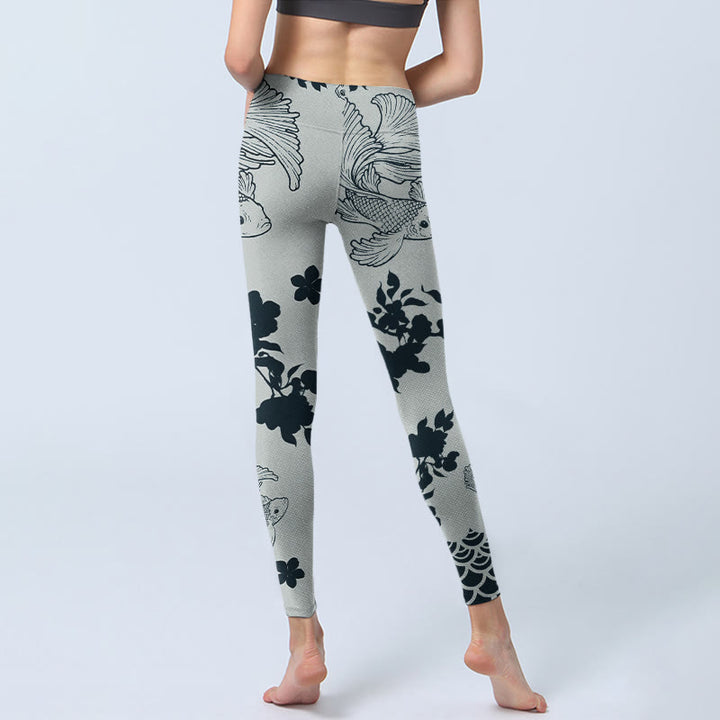 Buddha Stones Gray Koi Fish Floral Waves Print Gym Leggings Women's Yoga Pants - image 6
