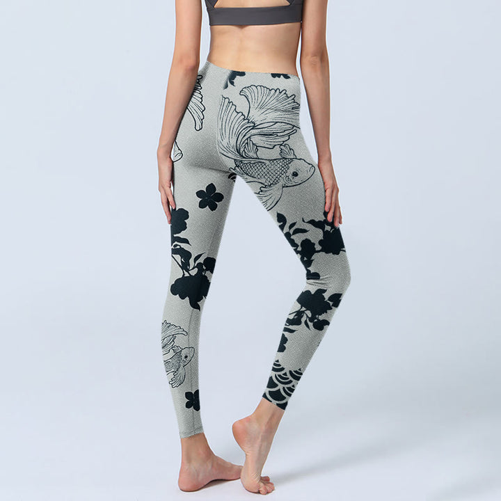 Buddha Stones Gray Koi Fish Floral Waves Print Gym Leggings Women's Yoga Pants