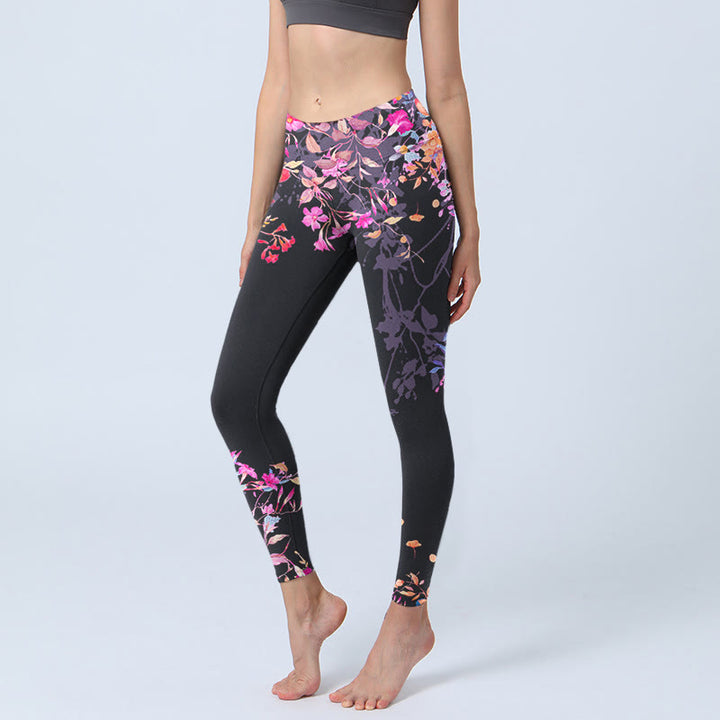 Buddha Stones Black Pink Floral Leaves Print Gym Leggings Women's Yoga Pants - Black - US18，UK/AU22，EU50 (4XL) - image 1