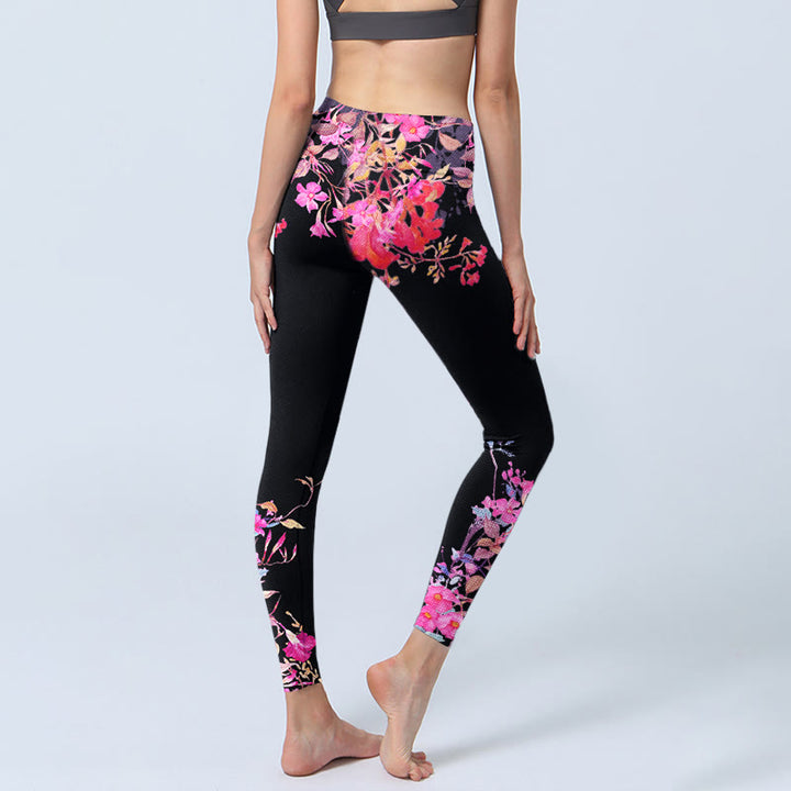 Buddha Stones Black Pink Floral Leaves Print Gym Leggings Women's Yoga Pants - image 3