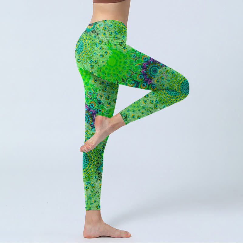 Buddha Stones Green Peacock Tail Feathers Print Gym Leggings Women's Yoga Pants