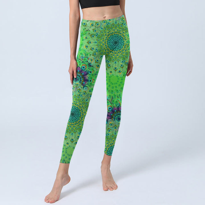 Buddha Stones Green Peacock Tail Feathers Print Gym Leggings Women's Yoga Pants