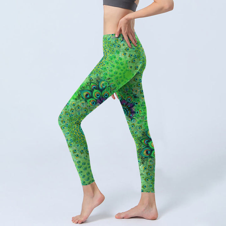 Buddha Stones Green Peacock Tail Feathers Print Gym Leggings Women's Yoga Pants