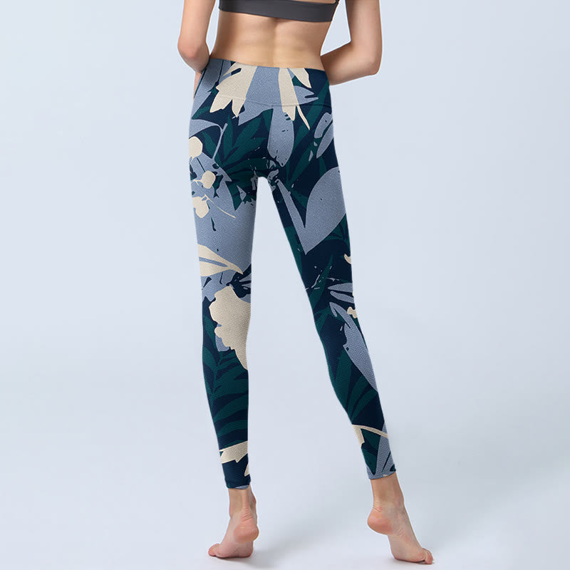 Buddha Stones Blue Plant Leaves Print Gym Leggings Women's Yoga Pants - image 6
