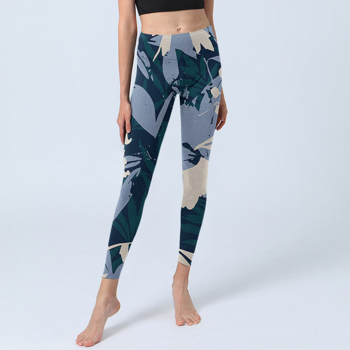 Buddha Stones Blue Plant Leaves Print Gym Leggings Women's Yoga Pants