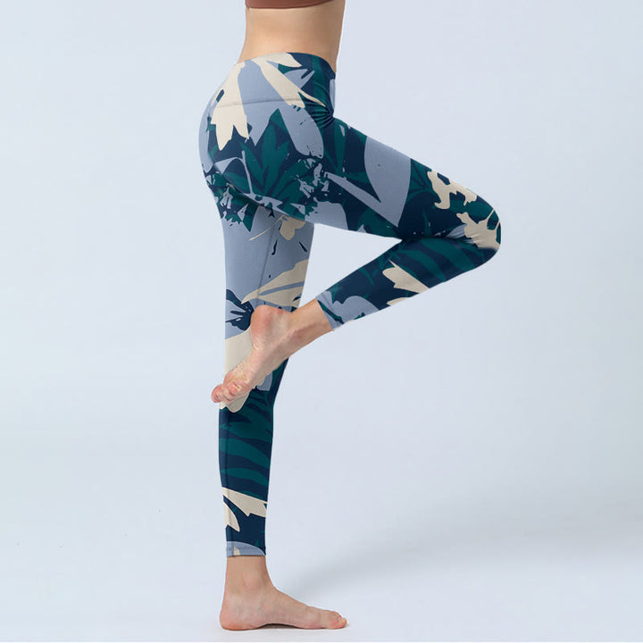 Buddha Stones Blue Plant Leaves Print Gym Leggings Women's Yoga Pants - image 4