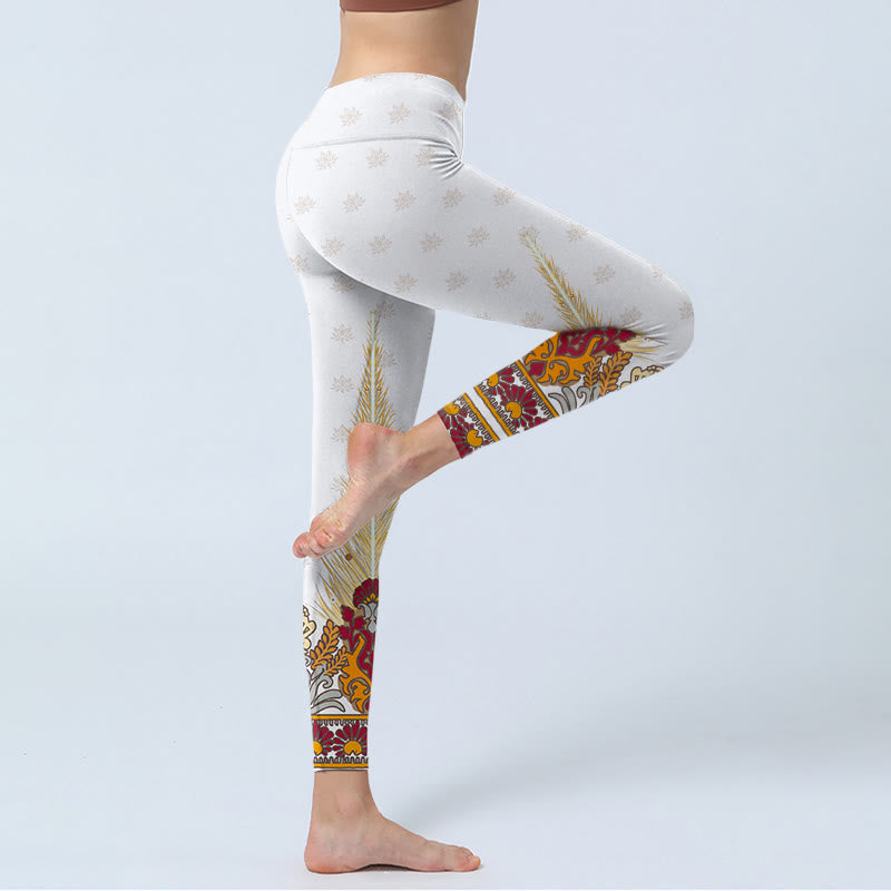 Buddha Stones White Abstract Lotus Flower Print Gym Leggings Women's Yoga Pants