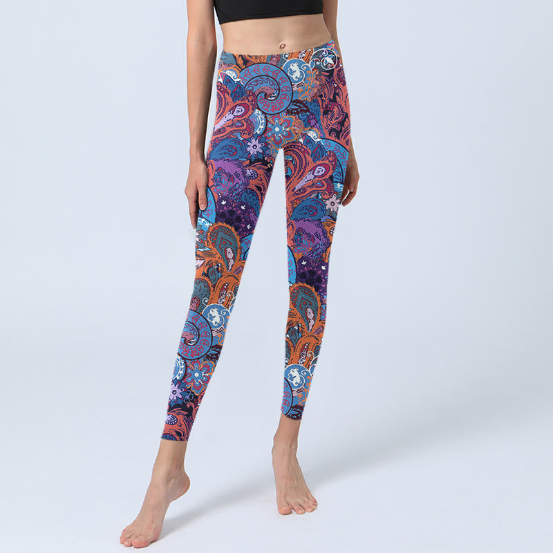 Buddha Stones Colorful Floral Curly Grass Print Gym Leggings Women's Yoga Pants