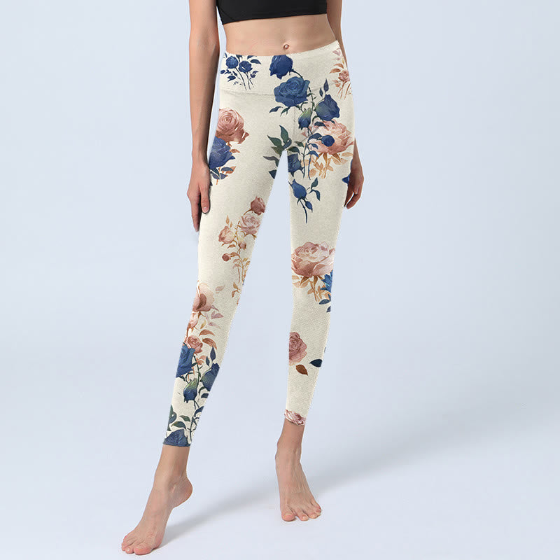 Buddha Stones Red Blue Rose Leaf Print Gym Leggings Women's Yoga Pants