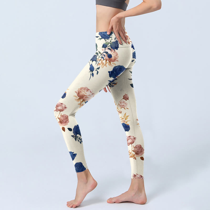 Buddha Stones Red Blue Rose Leaf Print Gym Leggings Women's Yoga Pants - image 3