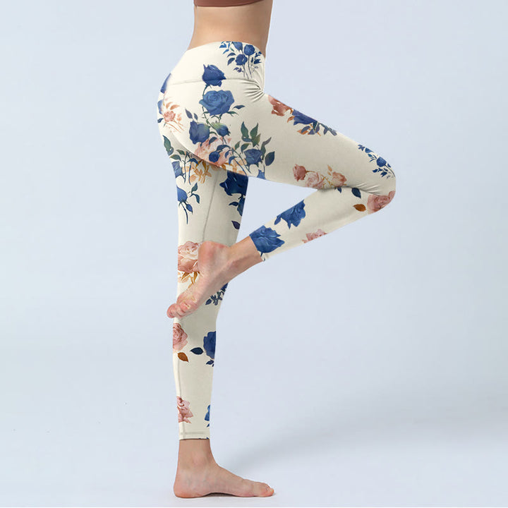 Buddha Stones Red Blue Rose Leaf Print Gym Leggings Women's Yoga Pants - image 3