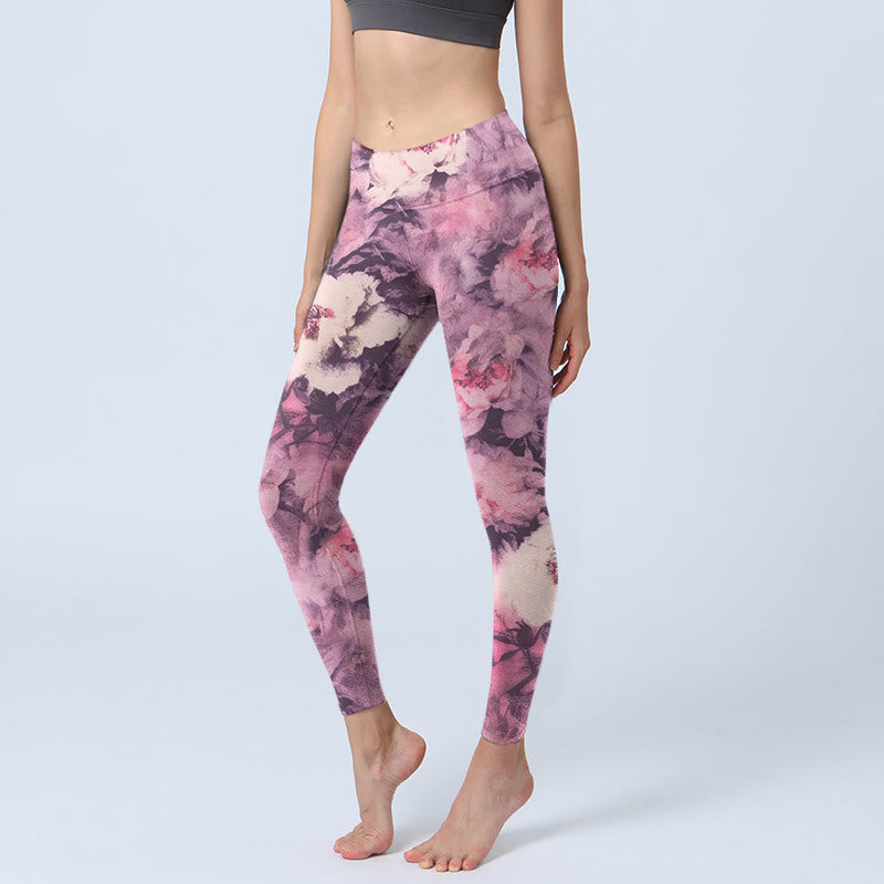 Buddha Stones Purple Peony Flowers Print Gym Leggings Women's Yoga Pants - Orchid - US18，UK/AU22，EU50 (4XL) - image 1
