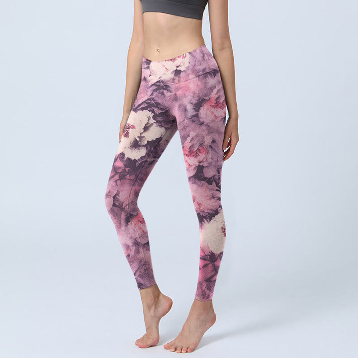 Buddha Stones Purple Peony Flowers Print Gym Leggings Women's Yoga Pants - Orchid - US18，UK/AU22，EU50 (4XL) - image 1