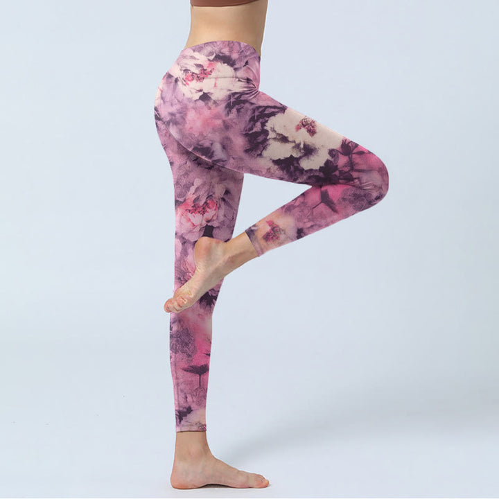 Buddha Stones Purple Peony Flowers Print Gym Leggings Women's Yoga Pants