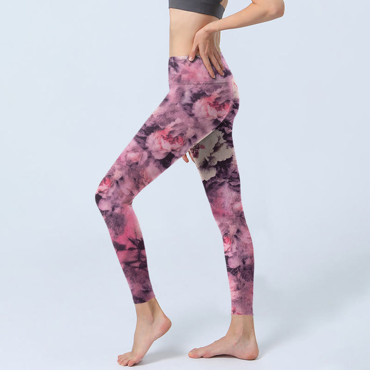 Buddha Stones Purple Peony Flowers Print Gym Leggings Women's Yoga Pants