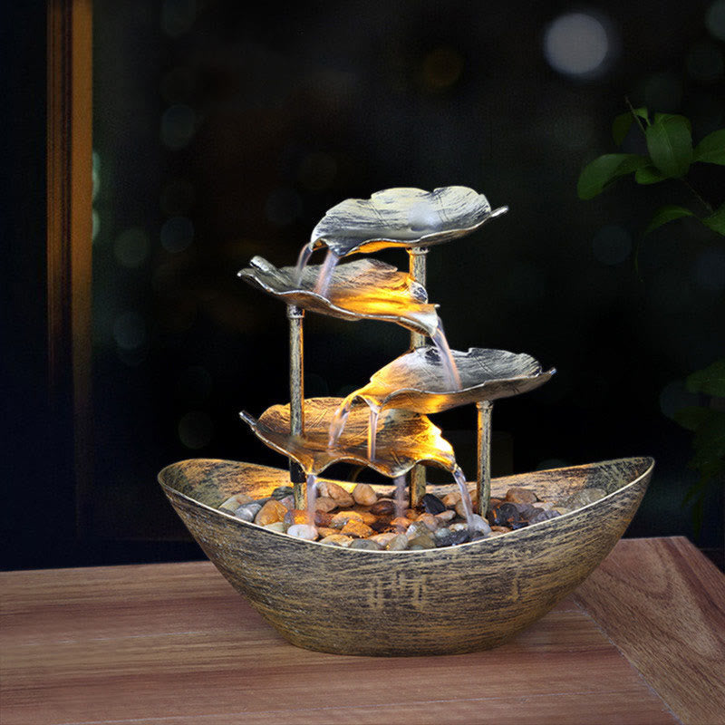Buddha Stones Lotus Leaf Shaped Waterfall Fountain Tabletop Ornaments With LED Light Home Office Desktop Decoration - Silver(Plastic Version) - image 1
