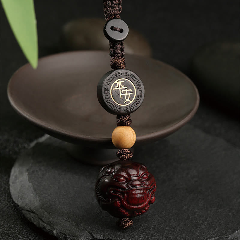 Buddha Stones Small Leaf Red Sandalwood PiXiu Safe and Well Protection Key Chain