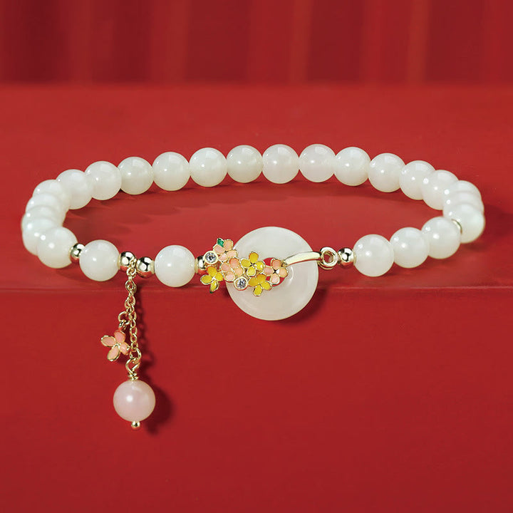 Buddha Stones 925 Sterling Silver Natural Hetian Jade Osmanthus Flowers Peace Buckle Zircon Luck Bracelet Necklace Pendant