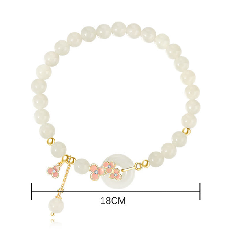 Buddha Stones 925 Sterling Silver Natural Hetian Jade Peach Blossom Peace Buckle Zircon Luck Bracelet Necklace Pendant