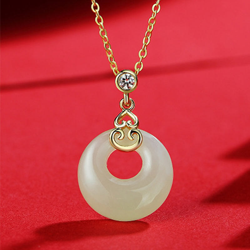 Buddha Stones 925 Sterling Silver Natural Hetian Jade Gourd Peace Buckle Zircon Luck Bracelet Necklace Pendant Earrings - Jade Necklace - image 12