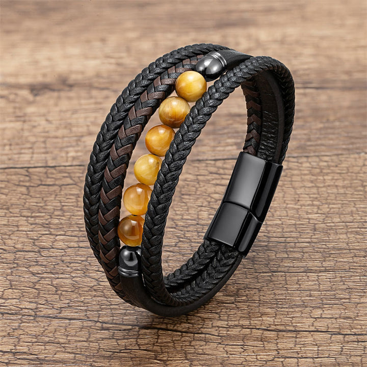 Buddha Stones Tiger Eye Lava Rock Black Onyx Lazurite Hematite Bead Positive Leather Bracelet