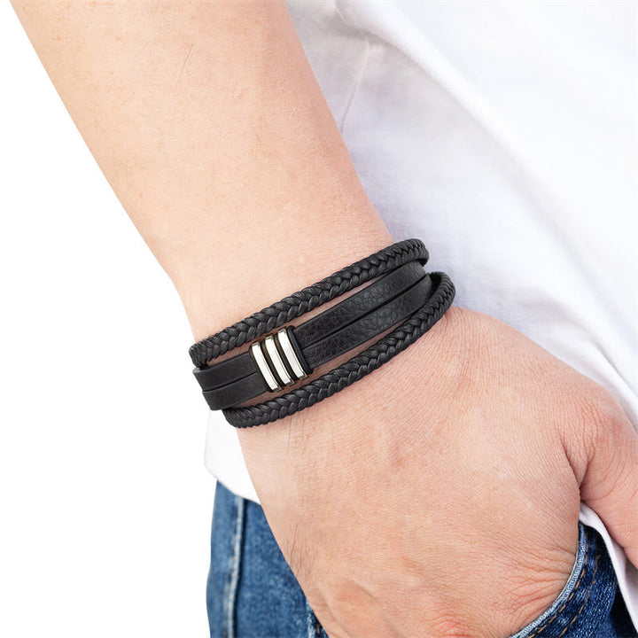 Buddha Stones Handmade Braided Leather Calm Titanium Steel Buckle Bracelet